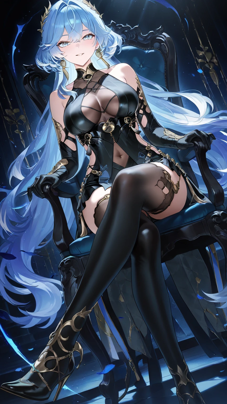 masterpiece, best quality, very aesthetic, absurdres, newest,,kuroyukihime, accel_world, 1girl, antennae, black_footwear, black_gloves, black_hair, blush, breasts, butterfly_wings, cleavage, dress, duel_avatar, elbow_gloves,gloves, hair_ornament, high_heels, insect_wings, long_hair, red_eyes, shoes, very_long_hair, wings,,in bathroom