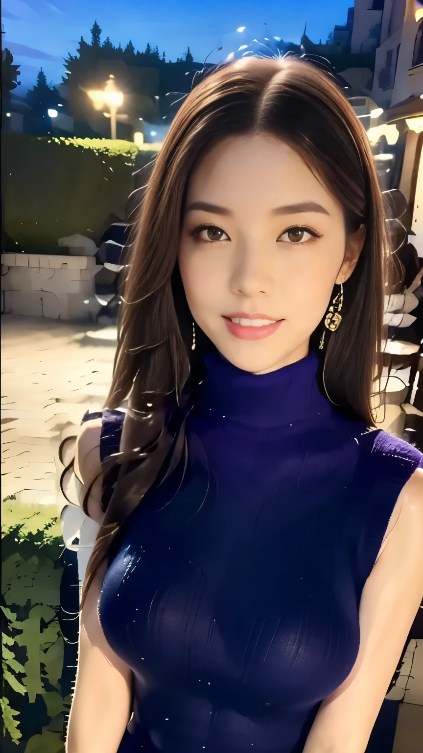 Tzuyu 1, woman, (Realistic), (Hyperrealism), (photoRealistic), Written boundary depth, eye make up:0.7 (whole body:1.8), (Large Bust),(Tight waist), Observe the audience,At the flower garden, Fashion Model, A sexy blue dress with open shoulders and neckline