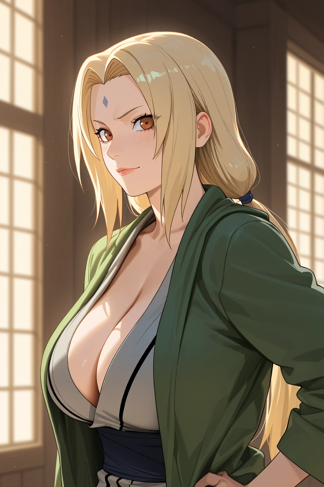 Tsunade, big breasts, cleavage, clavicle,((Tsun costume)), (Tsun jacket), (Tsun Necklace), mature woman, fascinating look, looking at the viewer, Stand at the bar, indoors, daytime, (cowboy shot), (Extremely detailed, beautiful detailed face, masterpiece, beautiful detailed eyes, highest quality), huge breasts, ((魅惑的な笑face)), 超High resolution,4K,super detailed, photograph, 8K, HDR, High resolution, (disorganized:1.2), kodak portrait 400, film grain, blurred background, (Bokeh:1.2), Lens flare, (vibrant_color:1.2),プロのphotograph, (beautiful_face:1.5), ,(((Viewpoint 1.3))),((((My chest feels tight)))),