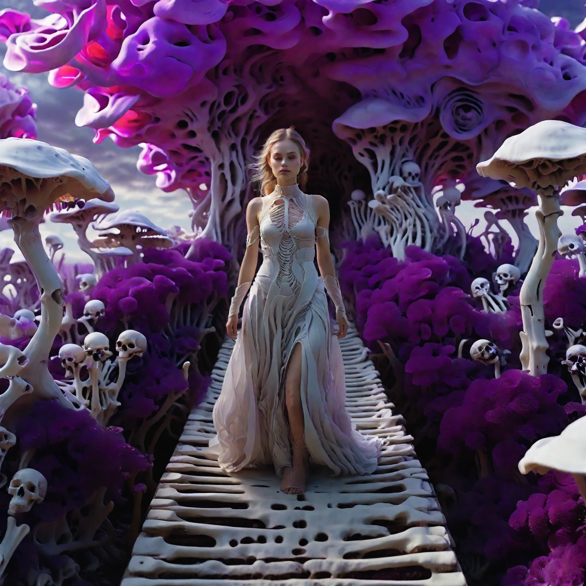 A woman in a white dress walking across a bridge made of bones in the middle of a field of purple flowers, Psilocybin psychedelic, magical colors and atmosphere, a magic world. Colorful, beautiful composition 3d_render, 4k, fantasy style 8k octane render, hallucinogenic images, ethereal atmosphere, colorful digital fantasy art, 3d magical details, light effects, bright neon and fluorescent colored waves in the air,Modern fantasy, vibrant fantasy style