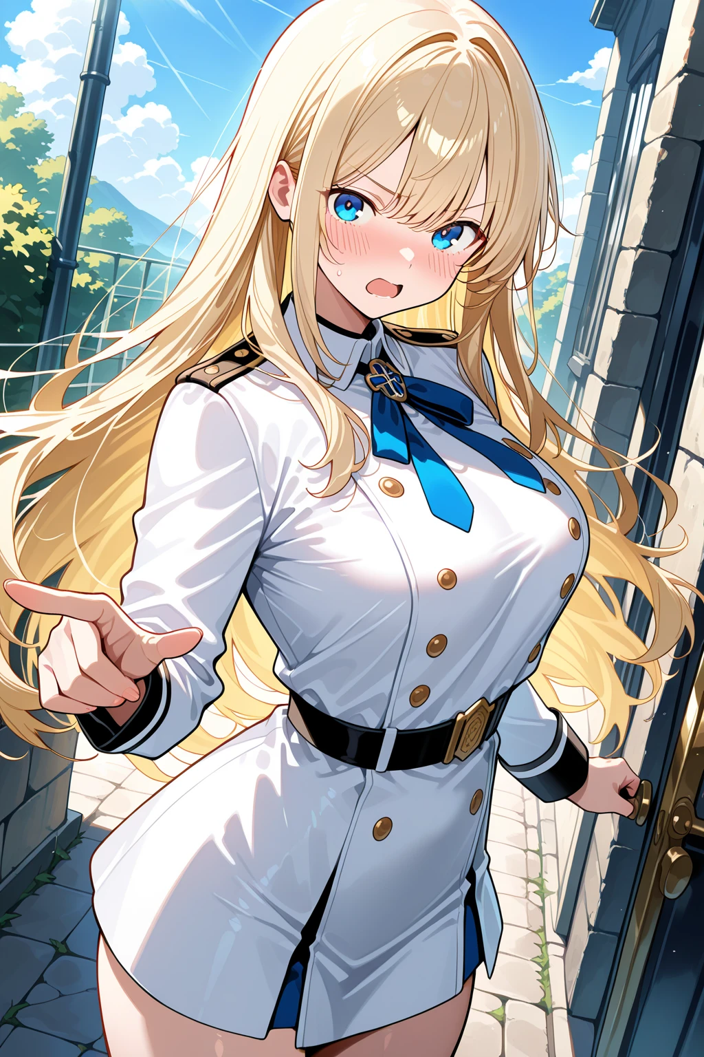 (absurdres, 8k, 4k, masterpiece, hyper extreme detailed:1.2), solo, 1girl, front view, perfect face, 1girl, portrait, expressive eyes, looking at viewer, solo, standing, Female, toned body, mature female, large breasts, pale, platinum blonde hair, long hair, dark blue eyes, swept bangs, athletic body, stoic, windy hair, moving hair, moving clothes, Dark Brown Skirt. White Shirt, German, Military, battle worn, scars, messy hair, smile, happy, heroic, perfect anatomy, friendly, heroism, light blonde hair, blue sky, sun, clouds, muscular, half body, bound, bondage, (arms behind back:1.4), bdsm, tape gag, tape, tape bondage, restrained, best anatomy, tape wrapped, wrap gag, tightly bound, tape wrapped around face, tape above breasts, tape below breasts, standing, tape gag, platinum blonde hair, light blonde hair, button shirt, tan trench coat, medals, long hair, tape between breasts, taped forearms, taped elbows, taped abdomen, belly button,