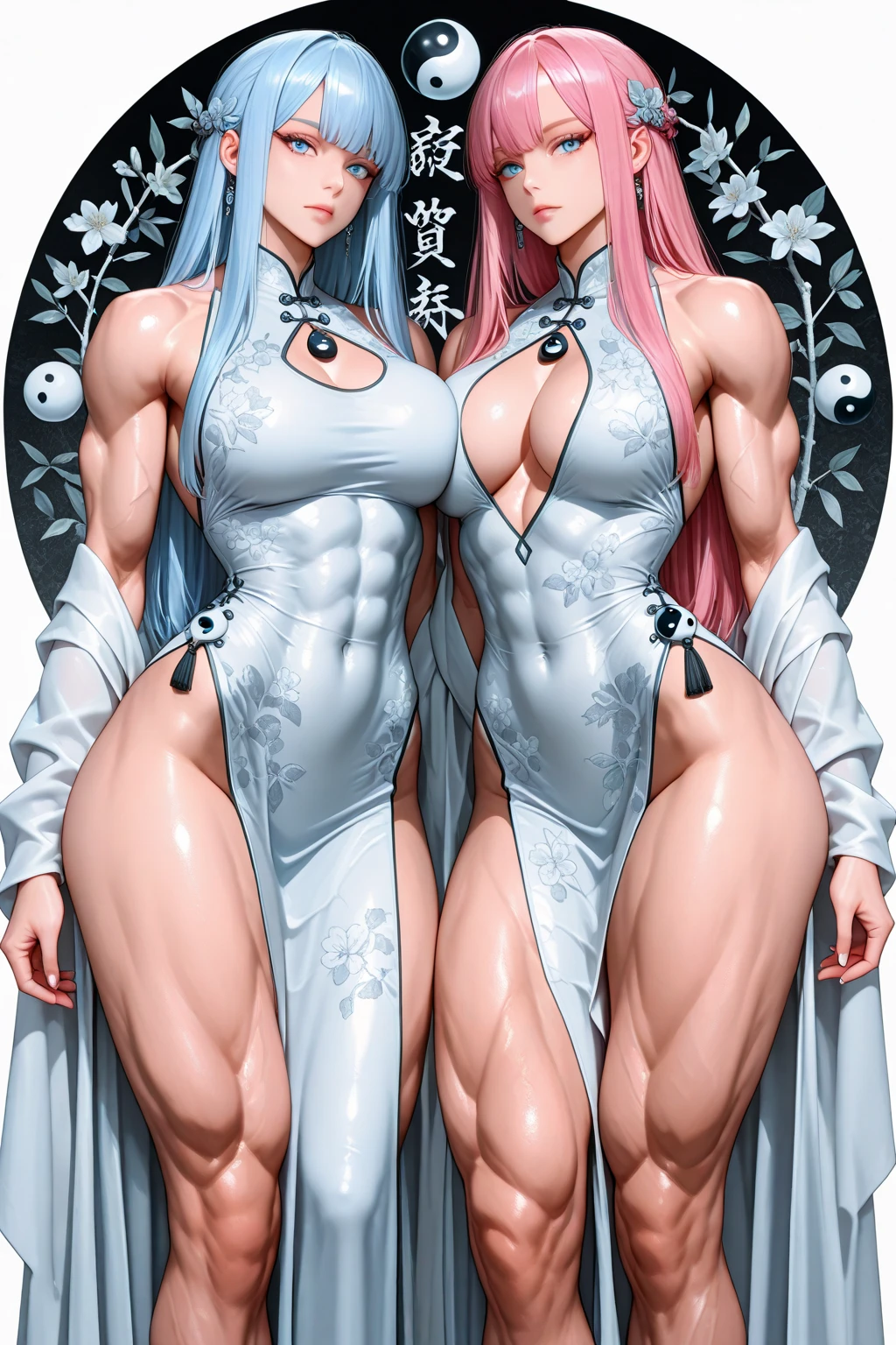 (Private 4K)、(High resolution:1.2)、(High freshness:1.2)、、(Whole Body Ezbian:1.2)、(Two Women:1.6)、((Women with exaggerated large physiques:1.4))、(Huge breasts with intense movements:1.2)、abnormally developed muscles,Barefoot woman, , Big arms、(Huge muscles:1.4)、(Dynamic pose:1.2)、(The ground beneath my feet crumbles:1.4)