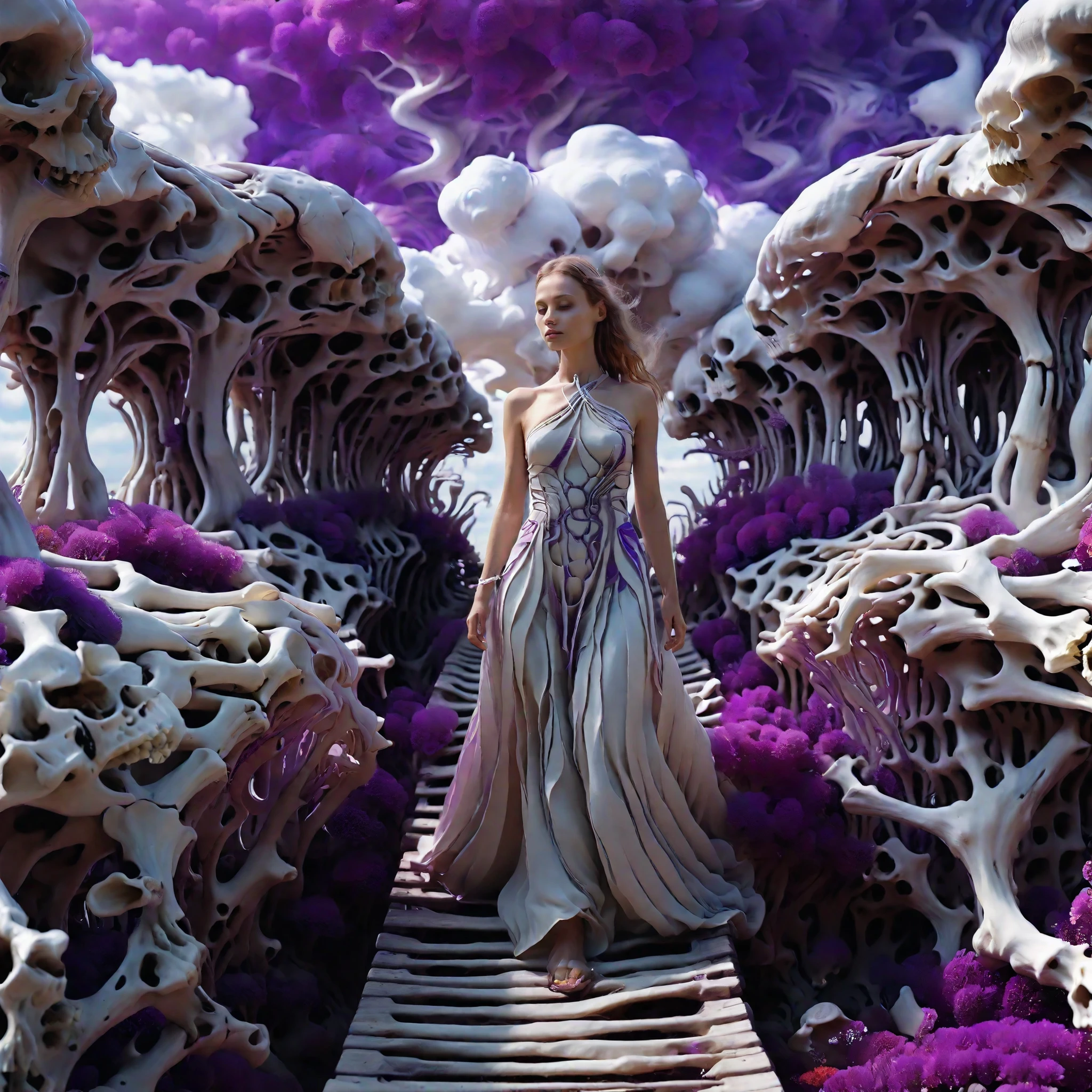 A woman in a white dress walking across a bridge made of bones in the middle of a field of purple flowers, Psilocybin psychedelic, magical colors and atmosphere, a magic world. Colorful, beautiful composition 3d_render, 4k, fantasy style 8k octane render, hallucinogenic images, ethereal atmosphere, colorful digital fantasy art, 3d magical details, light effects, bright neon and fluorescent colored waves in the air,Modern fantasy, vibrant fantasy style