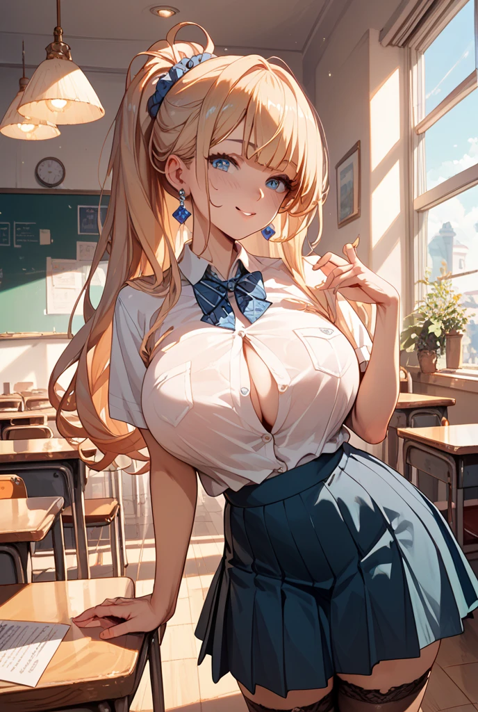 masterpiece, best quality, finely detailed, 1girl, blue eyes, open blouse, pleated skirt, huge breasts, classroom, one hand waving
