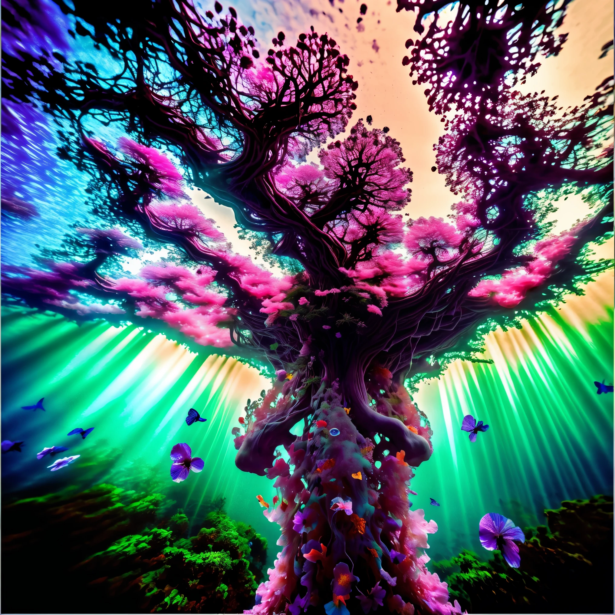 Underwater, bubbles from the deep, enhanced by ring art, purple flowers underwater, a bridge over old skeletons, waves of horror pink reverberate through the water, psychedelic, organic growth, twisted human woman in a white dress walks over the underwater bridge, amongst ancient trees, purple flowers everywhere change shape, Psilocybin imagery, LSD visuals, DMT dreams, haunting sight, deep purples and hot pinks, blues and warm light from unknown sources above. Ultra-realistic, photo-realistic, cinematic photography, cinematography, hyperrealistic, startling presence, icon style, intricate details, dramatic lighting, ethereal atmosphere, surreal, whimsical, experimental art, psychedelic psychotrance artwork centers, electric emerald foliage, creating a sense of wonder and enchantment, masterpiece