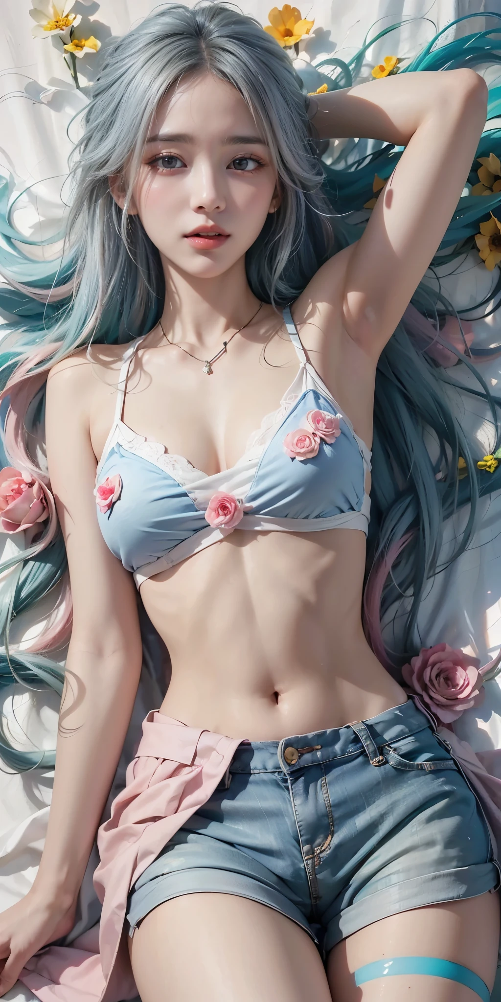 (realistic, highest quality: 1.4),(woman,smile(Blue hair,pink streaked hair)),((Show your armpits)open your legs)(),(garden,colorful flowers)
