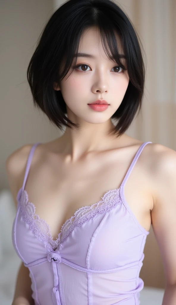 (software:1.8、masterpiece, highest quality, SONYα9ⅡF2 lens shooting),1 girl, alone, have, realistic, realistic, looking at the viewer, light brown eyes, Brunette short bob hair with highly detailed shiny hair, short hair:1.8、Beautiful face in symmetry、spring clothes:1.6, Whity, lips, bangs, outdoor, closed mouth, Upper body、Big eyes、eyelash、((Very simple light purple background:1.8))、(((bangsのあるshort hair、Big eyes、big and full chest、look at the audience、beautiful beauty、show me your ears、long neck、smile、please close your mouth and smile)))、ideal body proportions、(({Huge|big|Hugeな|mega} chest:2, cleavage:2、幸せなsmile、beautiful teeth、))