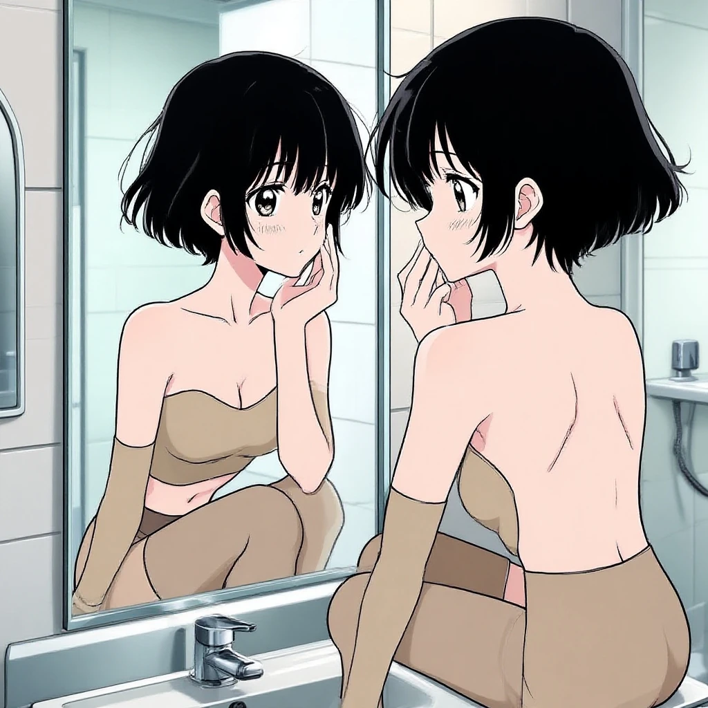 、(masterpiece、Highest quality)、Highest quality, Ultra-high resolution, (((masterpiece))), alone, Sweat、Big eyes, Composition from the front、Shortcuts、Embarrassed face、Bronze colored hair、Cut the back hair short、Bathroom、Shower scene、 Expose、Completely naked、pubic hair、belly button、Large areola、Nipples、short hair