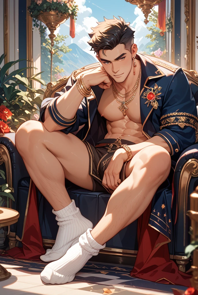 prince,20 years young has a tan brown skin, deep ((blue eyes)) ,sexy short black hair, he is athletic male with fit body deepblue eyes down, abs, open robe, bulge, sitting on a large majestic throne sofa, spread legs, relaxed, (ultra high res,photorealistic,realistic,best quality,photo-realistic), (8k, raw photo, best quality, masterpiece), (nsfw), (photon mapping, radiosity, physically-based rendering,automatic white balance), technological sense, best quality, masterpiece, illustration,CG ,unity ,wallpaper, official art, Amazing, finely detail, an extremely delicate and beautiful,extremely detailed, highly detailed, sharp focus,rich background,blurry background, (real person,photograph), (((high detailed skin,visible pores))),