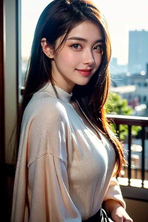 Body portrait, 8K, thin and beautiful eyes, Dindal effect, masterpiece, top quality, high quality, high resolution, very detailed photo, (natural skin texture, fine skin, hyper realism, super sharpness), high detail skin, (very fine) ), fine skin texture, fine detail, beautiful face, (realistic face), realistic eyes, beautiful and detailed eyes, realistic skin, beautiful skin, surreal, high definition Golden ratio, double eyelids, cute smile, smiling, bursting with laughter, smiling eyes, ((moonlight background at night)) ), body portrait, G cup, , , , glamorous,  knit dress,