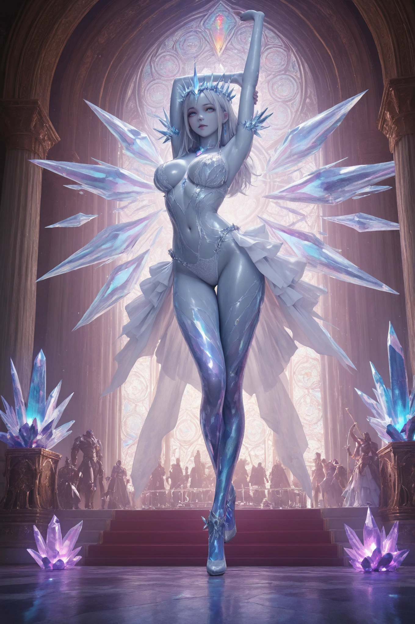 hydaelyn_tpa, 1girl, veil, white bodysuit, white wings, cape, lipstick, crown, smile, , highly detailed, absurdres, masterpiece,