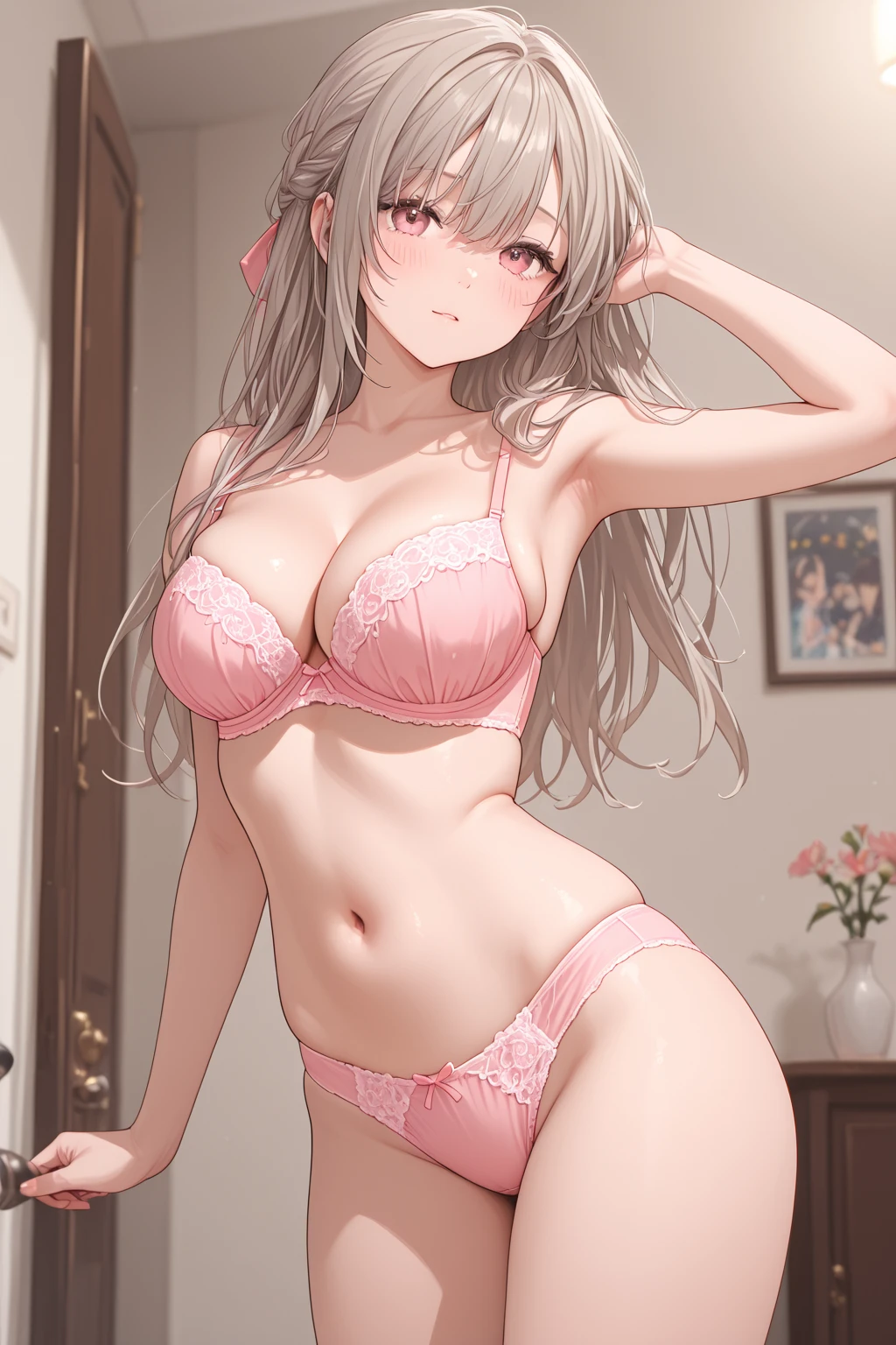 (masutepiece、Best Quality)、ge2amiella、1girl in、white hair、Open bra、Beautiful eyes、Well-formed face、very large udder、Too big、Lace bra with light pink ruffles、Light pink bra shoulder straps、Light pink lace panties、Big and beautiful nipples、Beautiful areola、beauty legs、a room、is standing、emphasizing breasts、blushed face、Figure-eight eyebrows、Moist eyes、Seduce a man、shame、