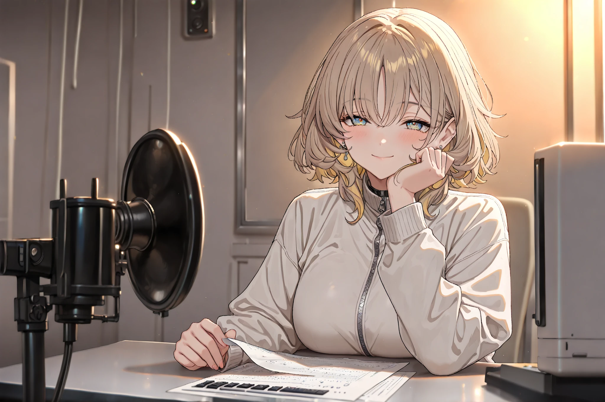((Best quality , 8k , Masterpiece:1. 3)) , Highly detailed face and skin texture , (Detailed eyes) , Anime style illustration, a 35-year-old female radio DJ sitting inside a radio booth. Light brown hair in a half-up hairstyle, wearing a white jacket, silver earrings. She is smiling gently, holding a printed paper with listener's email in her right hand. Her left hand is clenched softly, supporting her cheek like a chin rest. She is speaking toward a stand microphone placed on the table. The radio booth has soundproof walls, visible studio equipment, warm lighting, cozy atmosphere. Anime style, clean lines, vibrant yet soft coloring, expressive and cinematic composition.