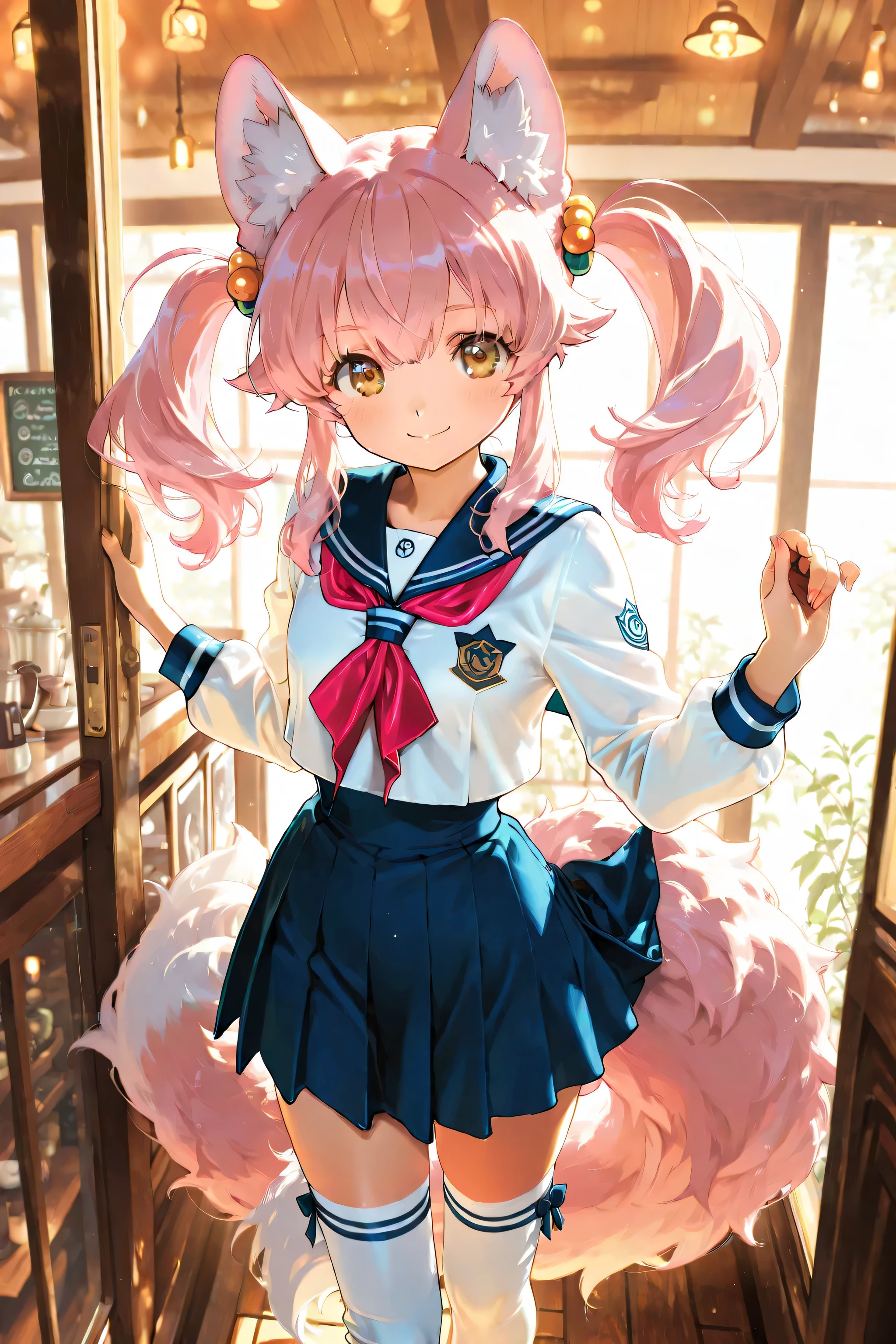 masterpiece, ultra high definition, Exquisite Details, Beast Girl, Fluffy Wolf Ears and Tails, twin tails, pink hair, Smile Yan, Girl in uniform, sailor suit, Overflowing Advance, leg wear, accessories, Cafe Background, Warm Atmosphere, Deformed, Afterschool Light , gentle colors , Cute gestures