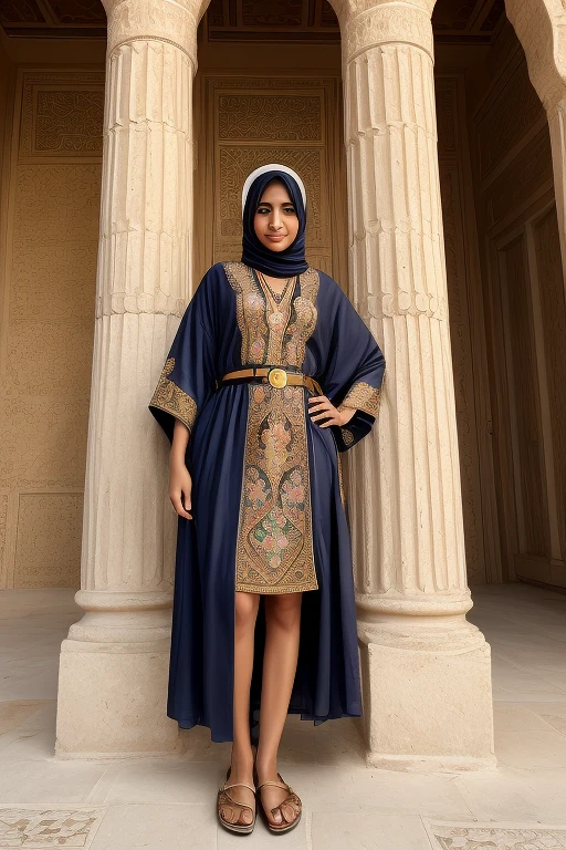 A full body portrait of a romantic and elegant female model, adorned with a hijab and Air Magi sneakers, glasses with silver frames, and a tribal, modest outfit. The image is captured in high definition, with dynamic cinematic light illuminating every curve and contour of her body. The hijab shines under the light, adding an element of luxury and sophistication to the scene. Her skin glows with hyperrealistic definition, every pore and texture visible in High Dynamic Range. Her eyes, with perfect facial symmetry, are bright and glowing, adding intrigue and allure to the image. The starry night backdrop adds a royal and enchanting setting to this stunning master