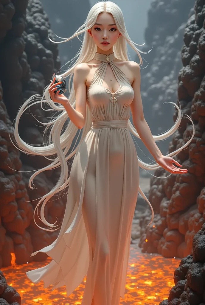 score_9, score_8_up, score_7_up, score_6_up, score_5_up, score_4_up, rating_questionable, source_cartoon, 1girl, mi_rage, very skinny, dress, lava background, white hair, green eyes,
