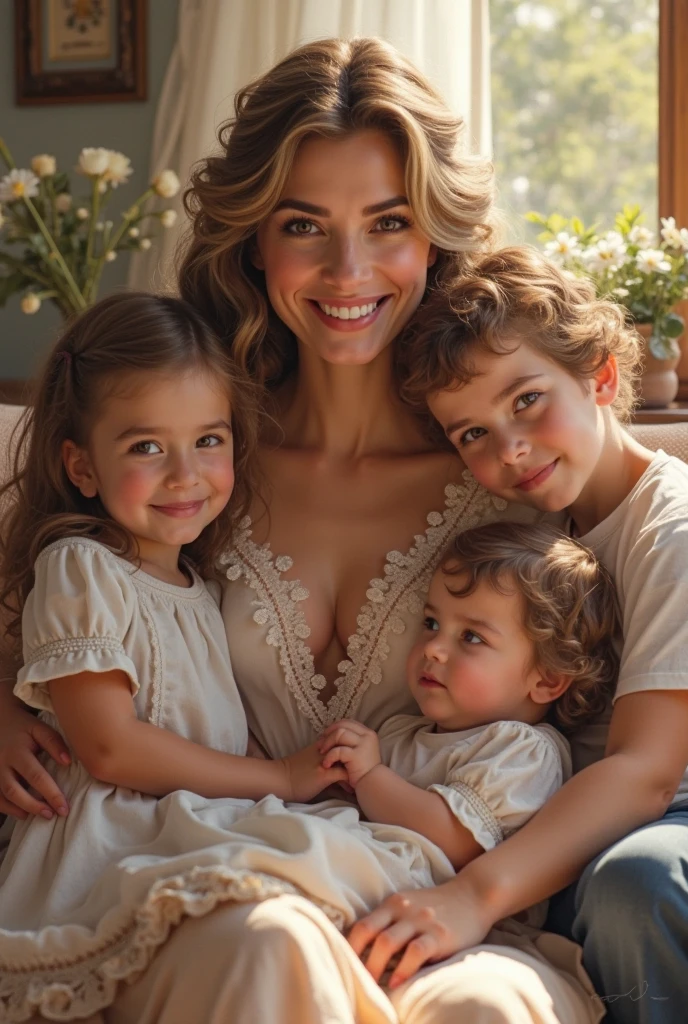 blonde mother with her sons and daughters