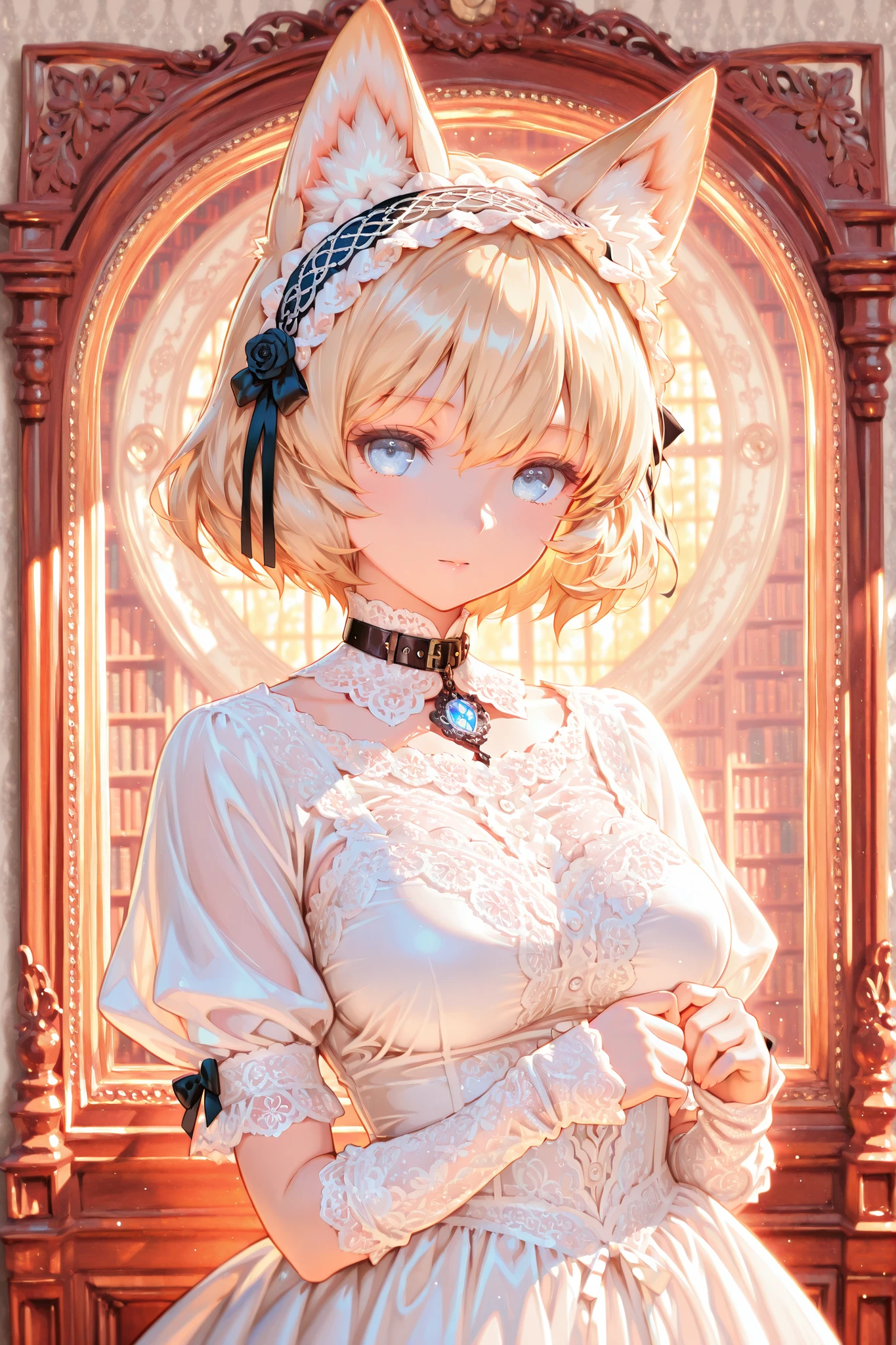 Superb quality, picture-like quality, excellent depiction, Wolf is a beautiful girl, Ample and beautiful breasts,Kemomimi, short hair, Blonde, Clear Eyes, white dress, Lace Embellished , Collar Accessory, arm warmers, Gothic Lolita Elements , Library Background, Antique Decor, Magical Light, Fantastic Atmosphere