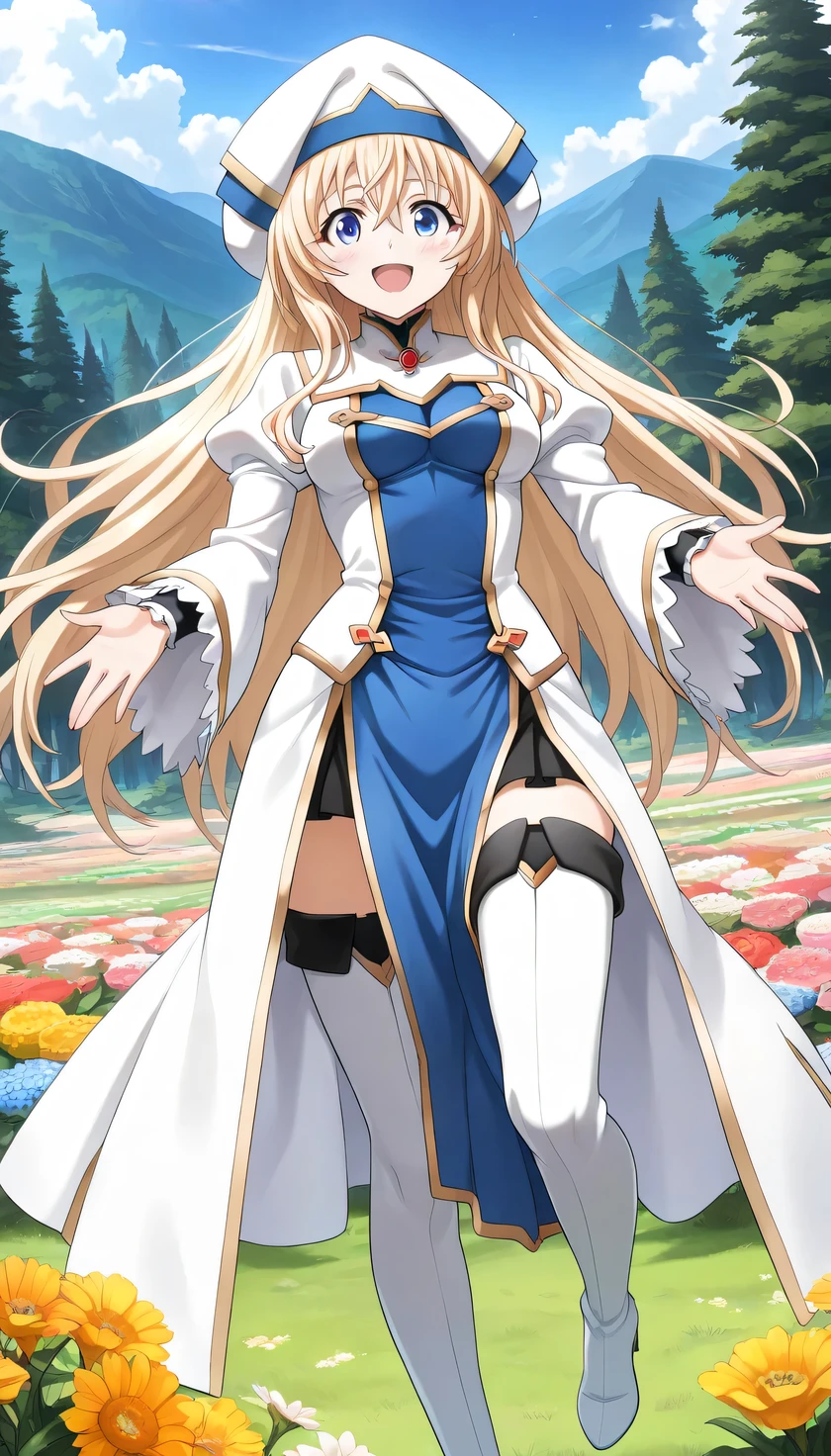 {{{masterpiece}}}, (best quality:1.5), (ultra-detailed:1.5), {illustration}, {{an extremely delicate and beautiful}}, (beautiful detailed eyes:1.6), absurdres, highres, extremely detailed face, 16k, hd, visual anime de uma jovem mulher, extremamente bonito rosto de anime, anime melhor garota, (perfect hands, perfect anatomy), anime face, priestess(Goblin Slayer!), 1girl, solo, cute face, blonde hair, long hair, straight hair, half up, hair between eyes, sidelocks, flushed cheeks, blue eyes, medium breasts, big hips, curvaceous, BREAK, white headwear, white dress, frilled sleeves, frills, long sleeves, white sleeves, puffy sleeves, wide sleeves, (long pelvic curtain:1.2), blue pelvic curtain, white robe, black mini skirt, ruffle skirt, thighhighs, white thigh boots, high heels, thighs, zettai ryouiki, BREAK, cute face, smiling, looking at viewer, flushed cheeks, flash effect, outdoor, mountain, daytime, forest, flower garden, field, sunshine, peer in from below