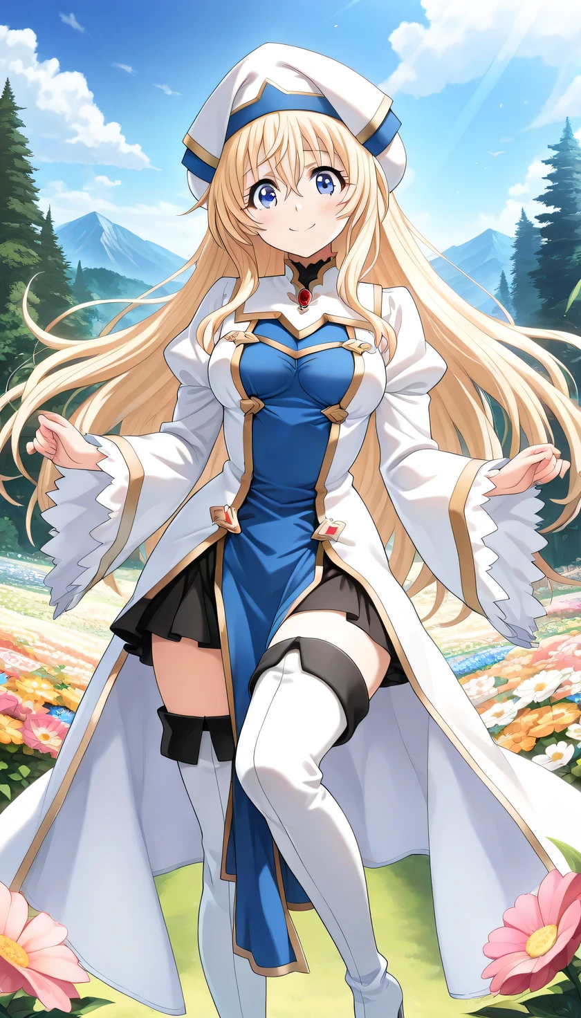 {{{masterpiece}}}, (best quality:1.5), (ultra-detailed:1.5), {illustration}, {{an extremely delicate and beautiful}}, (beautiful detailed eyes:1.6), absurdres, highres, extremely detailed face, 16k, hd, visual anime de uma jovem mulher, extremamente bonito rosto de anime, anime melhor garota, (perfect hands, perfect anatomy), anime face, priestess(Goblin Slayer!), 1girl, solo, cute face, blonde hair, long hair, straight hair, half up, hair between eyes, sidelocks, flushed cheeks, blue eyes, medium breasts, big hips, curvaceous, BREAK, white headwear, white dress, frilled sleeves, frills, long sleeves, white sleeves, puffy sleeves, wide sleeves, (long pelvic curtain:1.2), blue pelvic curtain, white robe, black mini skirt, ruffle skirt, thighhighs, white thigh boots, high heels, thighs, zettai ryouiki, BREAK, cute face, smiling, looking at viewer, flushed cheeks, flash effect, outdoor, mountain, daytime, forest, flower garden, field, sunshine, peer in from below