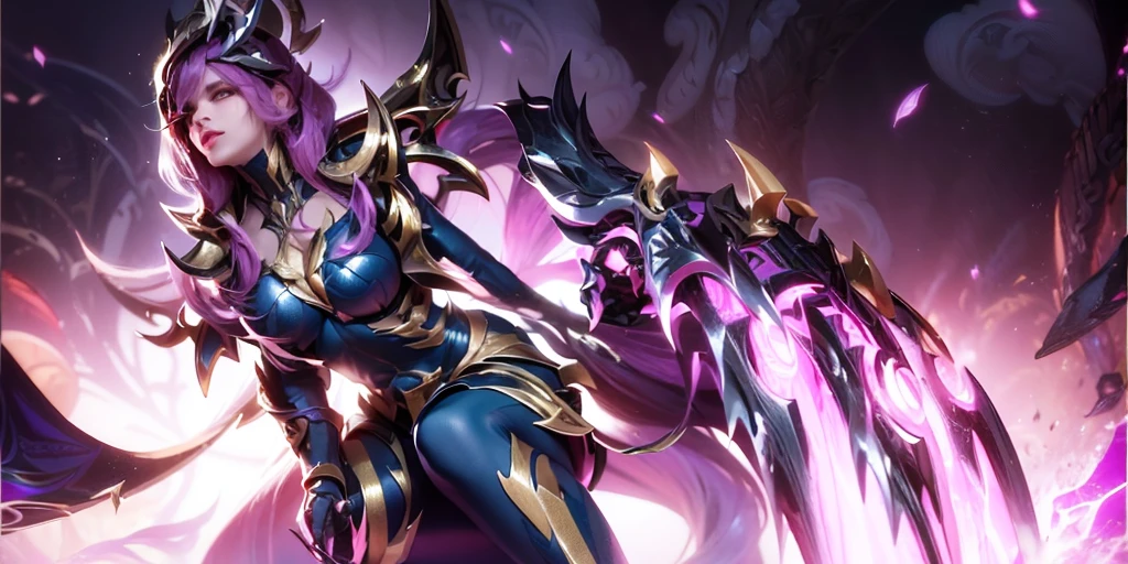 a woman with a purple and black outfit and horns on her head, league of legends character, samira from league of legends, irelia, fuchsia skin below the armor, fuchsia skin beneath the armor, extremely detailed artgerm, style league of legends, ig model | artgerm, nocturne from league of legends, from league of legends
