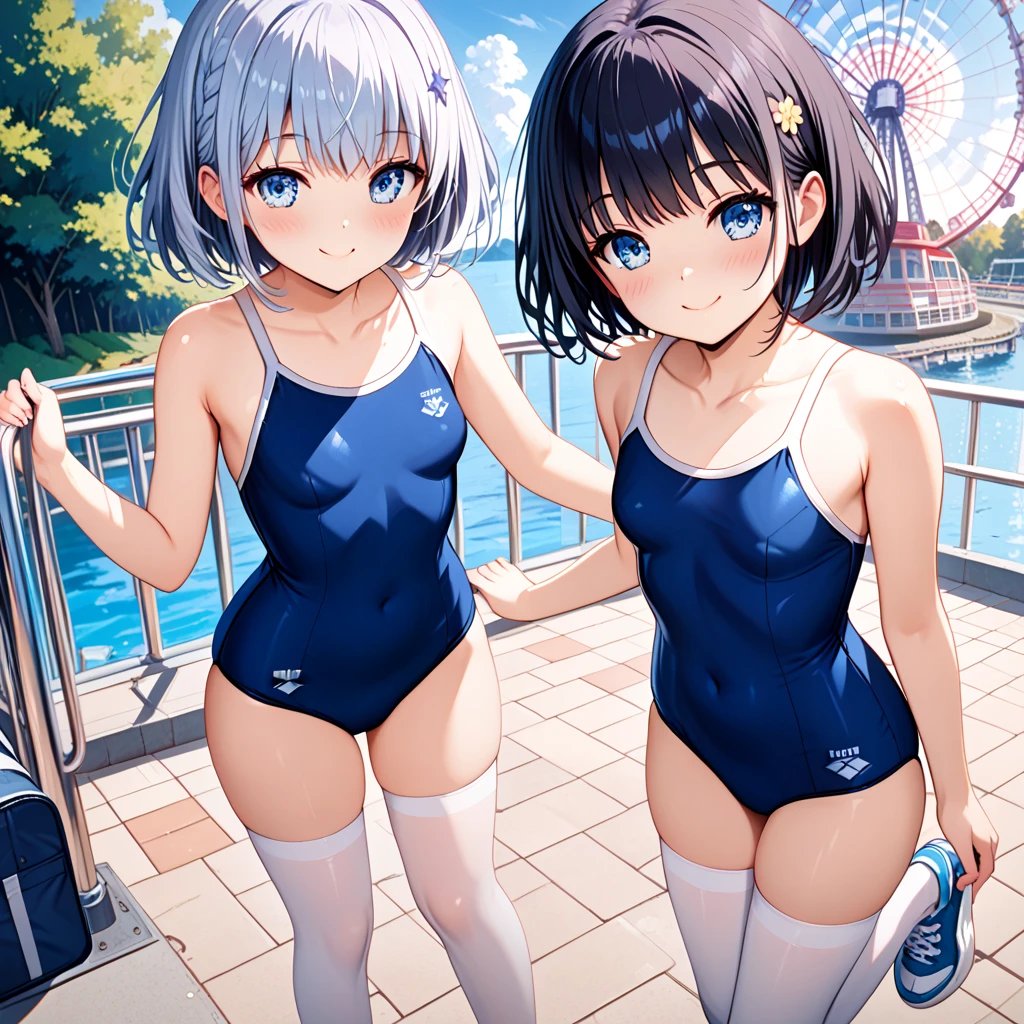 (masterpiece), pool, one-piece swimsuit, wet, light particles, 2girls, short hair, blush