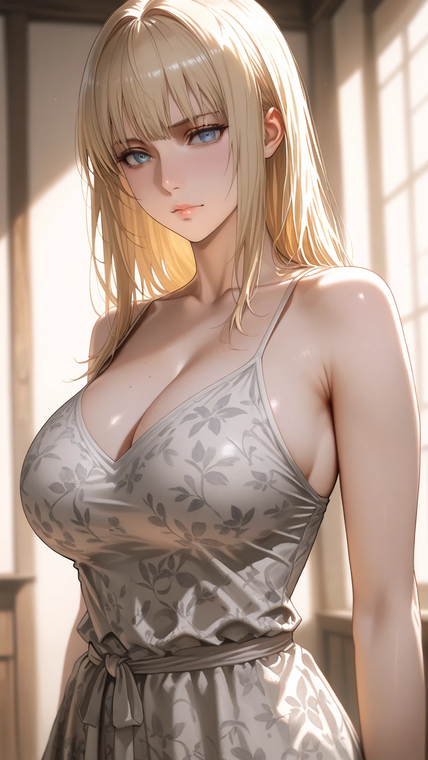 portrait, realistic, blue eyes, blonde hair, big breast, 4k resolution, high quality cg, beautiful cg, soft light,