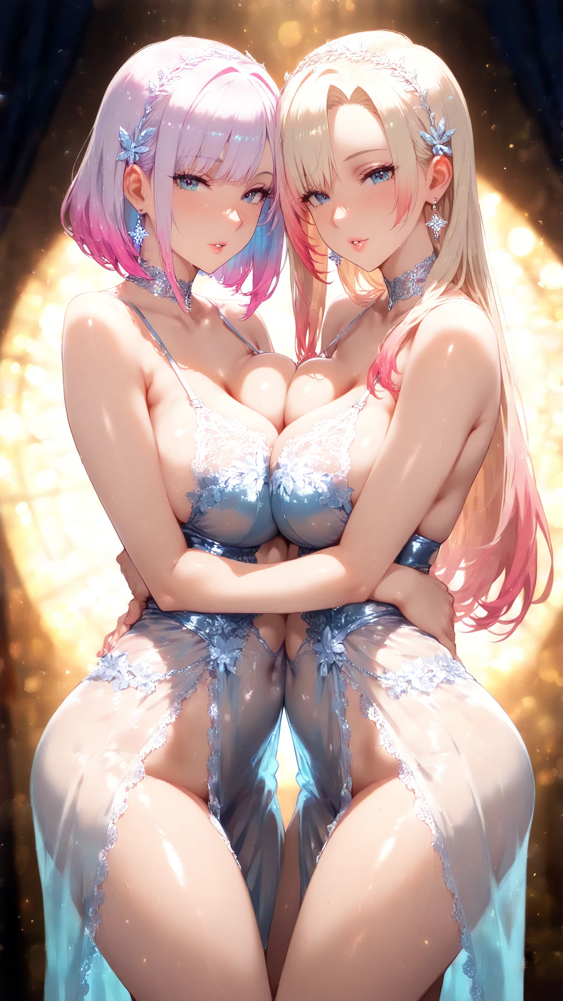 Pink Princess, (Pink-Blue hair), ((big hair)), double eyelid, ((skinny body)), cute expression, perfect skin, (fluffy), pink eyes, (cute clothing), (NSFW)