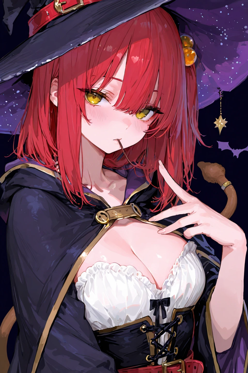 ((masterpiece)), ((best quality)), 1girl, long hair, big bust, ((red hair)), very long red hair, ((intimidant look)), ((close-up)), profile image, blood in the face, yellow eyes, black and blue clothes, sexy, dark colors, brillant eyes, ((coat with fur)), ((wavy hair)), exposed skin, ((sexy pose)), ((intimidant look)), good anatomy, ((queen clothes)), ((straight cut bangs)), red gloves, evil, emotionless, intimidant, bloody, ((beautiful eyes)), dark background, close up, ((detailed eyes)), beautiful eyes, hair bang, frontal look