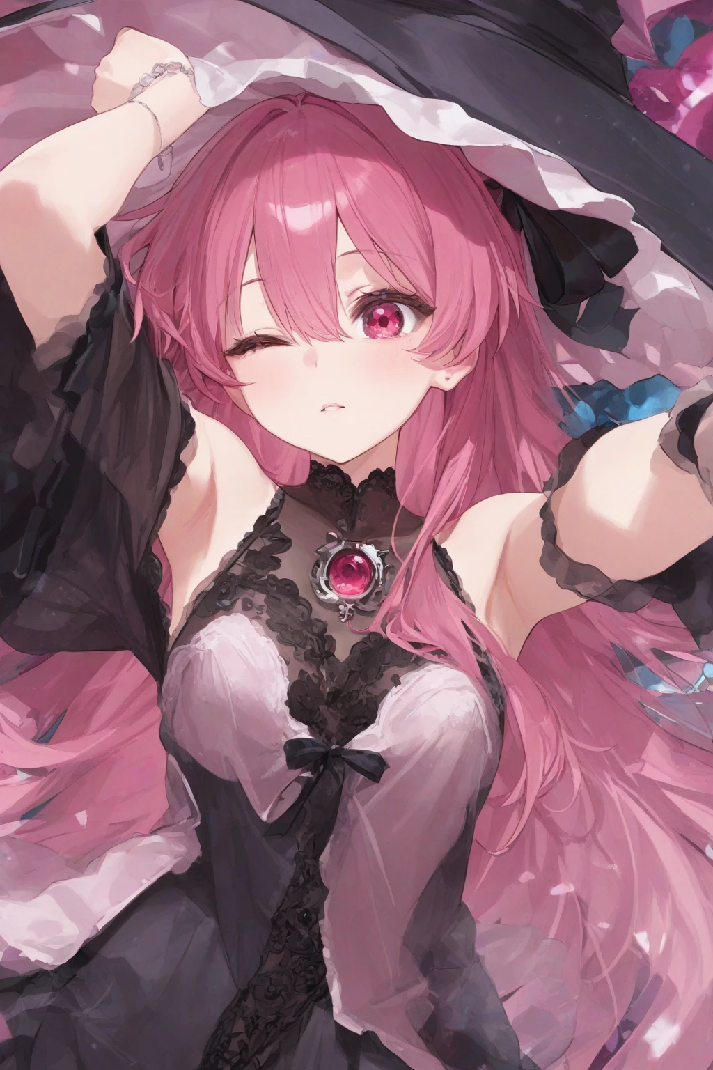 Jibril, upper body, blushed, perfect anatomy, detailed eyes, detailed lips, extremely detailed eyes and face, vivid colors, sharp focus, masterpiece:1.2, ultra-detailed, blushed, ((((cum on face, having sex)))), ((doggystyle)), (solo), ((black dress)), sleeveless, dominant, red eyes, holding a heart, blood, (ponytail), (prison)