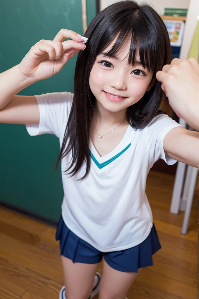 (((Japanese female elementary school student)))(9-year-old girl) ((((9-year-old girlが一人、solo)))) whole body写真 Full Shot Medium Short Hair A low ponytail whole body Thighs Private elementary school uniform Summer clothes Short sleeve ((濡れてSee-throughる))See-through short skirt cute (smile) Elementary school classroom (((See-through))) Shot from between the legs Spread your legs Spread your legs Raise your arms up Through the gap(Panties)I can see
