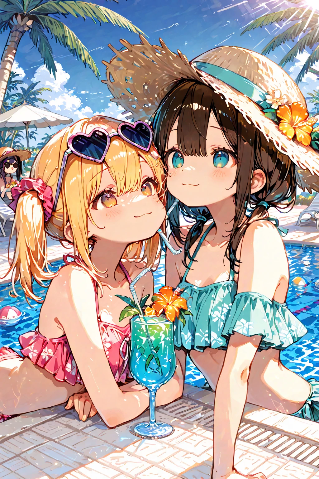 2 sexy girls, in a green-&-orange, mini micro lace string bikini, bigger sunglasses, at the lake, playing, in the water, water splashes, smiling, open mouth, eyes closed