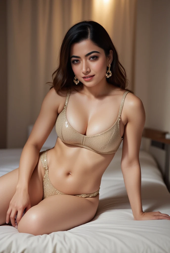 an athletics woman, face of actress pooja hegde, relaxing on a brown leather couch, wearing a Pink Silk bra, wearing pink silk pants, wet body, no shoes, hyper realistic, dark loose wavy hair, light green eyes, detailed skin, detailed eyes, realistic photo, not posed, not looking at the camera, photo quality, in an expensive house, with large windows