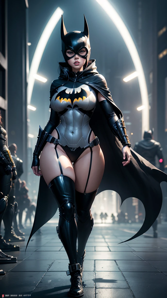 (nsfw:1.1)、((Cowboy Shot))、Mature Woman、(masterpiece, Highest quality), Intricate details, 8K, 1 Girl, Long Hair, Bowl Cut Hair,((blunt bangs))、 Black Hair,((Batman suit with intricate and detailed design)),Skyscraper, city, building,street,((Delicate painting)),(Detailed RAW photos of girls), (Pieces fly:1.25), (Highest quality:1.6), (Ultra-high resolution:1.5), (Photorealistic:1.75), 8K resolution, Canon EOS R5, 50mm, Confused, Very detailed,Cinema Lighting、(((Super big breasts)))、Leg spread、The abdomen is visible、((Separate suits))、Ultra-detailed and intricately decorated Batman knee-high socks、Sexy pose、Batman bikini with delicate and detailed embellishment