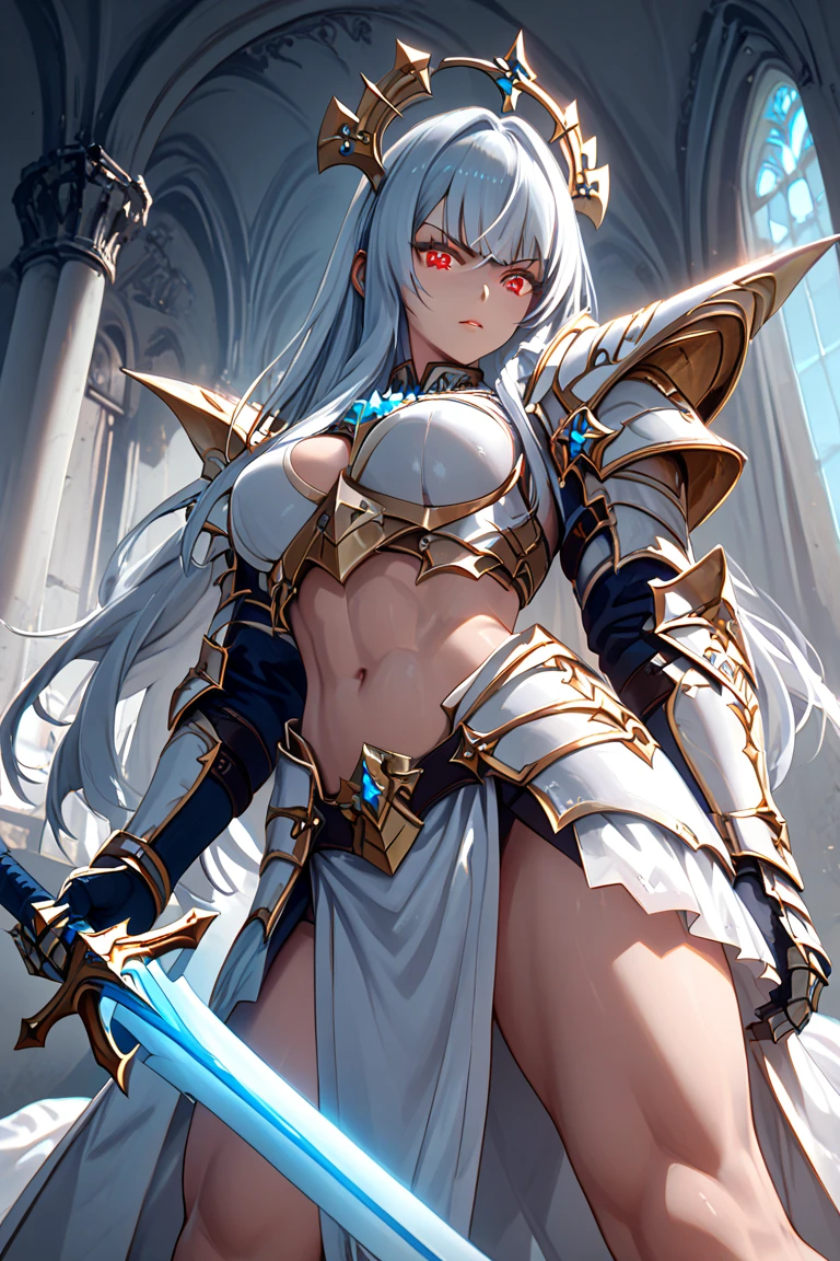 ((highest quality)), ((masterpiece)), ((hyperrealistic)), (solo), 1girl, ((curvy)), ((Tight and digging into the skin: 1.2)), perfect face, ((Azur Lane)), ((armored dress)), ((white paladin armor)), ((skin-tight pantyhose leotard: 1.4)), ((white knight armor breastplate)), ((skin-tight black Investigator Bodystocking)), ((large pauldron)), (white long gauntlet gloves), ((light blue long straight hair)), ((Big chest that looks like it's going to burst under pressure)), (pantyhose thighs), ((Knee-high boots on the white tight skin that digs into it)), (high heel boots), ((see through cleavage cutout)), Sword and shield, zettai ryouiki, Perfect and beautiful dark blue eyes, Perfect hands, perfect fingers, luxurious goldsmith spear, makeup, cowboy shot, fighting stance ,Attacking
