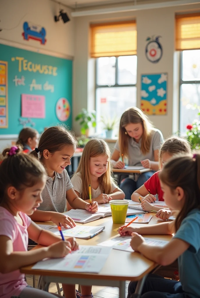 "A modern classroom with students of various ages attending a lesson on home economics, with a teacher explaining the use of spreadsheets and financial graphs."