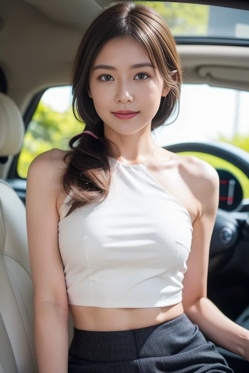 (extra detailed body、highly detailed face、best quality:1.2)、woman、looking at the viewer、(Beige tank top、gender)、(American car in the background:1.4)