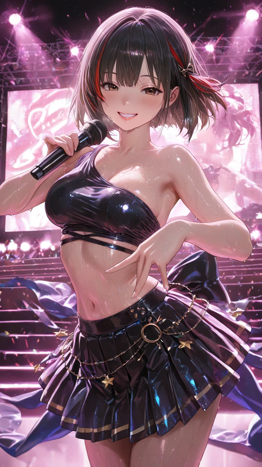 (Anime style:1.3), (Realistic, Photorealistic: 1.37), (Masterpiece, Best Quality: 1.37), (Ultra High Resolution: 1.2), (RAW Photo: 1.2), (Sharp Focus: 1.3), (Face Focus: 1.2), (Ultra Detailed CG Unified 8k Wallpaper: 1.2), (Beautiful Skin: 1.2), (pale Skin: 1.3), (Hyper Sharp Focus: 1.5), (Ultra Sharp Focus: 1.5), ( Beautiful pretty face: 1.3), (Japanese actress face:1.3), (super detailed background, detail background: 1.3), masterpiece, best quality, high res, ultra detailed, hyper sharp, absurdres, detailed face, white skin, real human skin, (detailed face), oval face, pores, from below, low angle, looking down the viewer, ultra high res, (8k, RAW photo, photorealistic:1.4), BREAK, 1girl, slim, (large-breast:1.37, cleavage), Illustration of a scene in which an idol singer is singing enthusiastically on a live stage.
The idol singer is standing in the center of the stage.
The idol singer is wearing a mini-skirt and boots.
The idol singer has her hair up and is wearing a headset.
The idol singer is holding a microphone and singing.
The idol singer's expression is serious and powerful.
The singer's voice is strong and beautiful.
Fans are gathered around the stage.
Fans are singing and dancing along with the idol singers.
The venue is filled with excitement.
This illustration shows the passionate live performance of an idol singer. Fans are fascinated by the idol singer's voice and performance. The venue is filled with excitement and the idol singer's live performance is a success. Hatsune Miku,