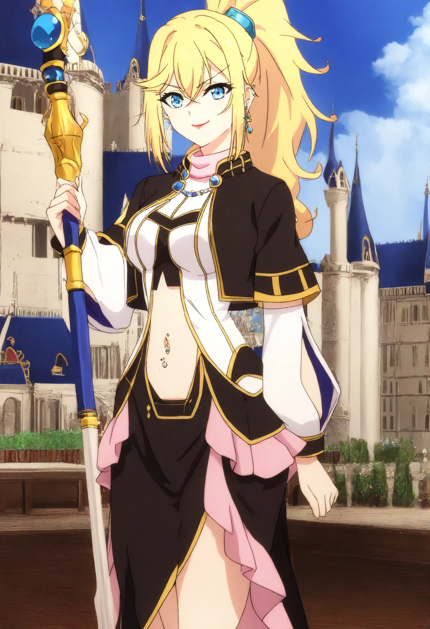 masterpiece,high quality,highres,8k,anime screencap,
1girl,blonde hair,long hair,ponytail,blue eyes,bare midriff,cleavage,detached sleeves,frilled dress,jewelry,necklace,black jacket,black capelet,pink frills,pink collar,navel cutout black skirt,white shirt,
(Character),score_9, score_8_up, score_7_up, very aesthetic, source_anime, detailed, high quality, beautiful, masterpiece, detailed eyes, , cowboy shot, light smile, half-closed eyes, , looking at viewer., navel piercing , architecture,, palace,ear piercing, , lipstick,Hot girl, baddie, sensual, attractive, , holding staff ,castle,inside castle, , cross necklace, choker, jewelry, earrings, , medium large ,looking at viewer , dragon tattoo on waist, narrowed eyes, tattoo on waist, anipai_style , anime screencap , anime coloring, v-shape eyebrows,