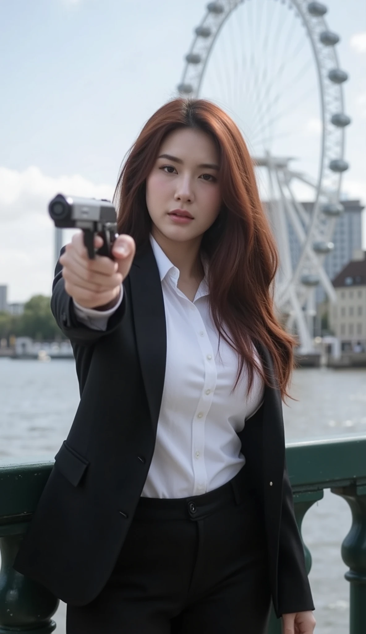 A portrait image shows a young, beautiful Korean-Thai secret agent shooting a gun, like James Bond, on the embankment of the Thames, with the iconic London skyline behind her, in a vivid style.

She has a long, fluffy haircut, showing off her narrow forehead. She has a voluptuous figure. She is chubby-sexy. She has a cherry-red hair colour. She wears a tight black wool suit, a white shirt with six buttons, a slim black necktie, and slim black wool pants.

The backdrop is the London Eye. The vibe is in a clear and bright sky.