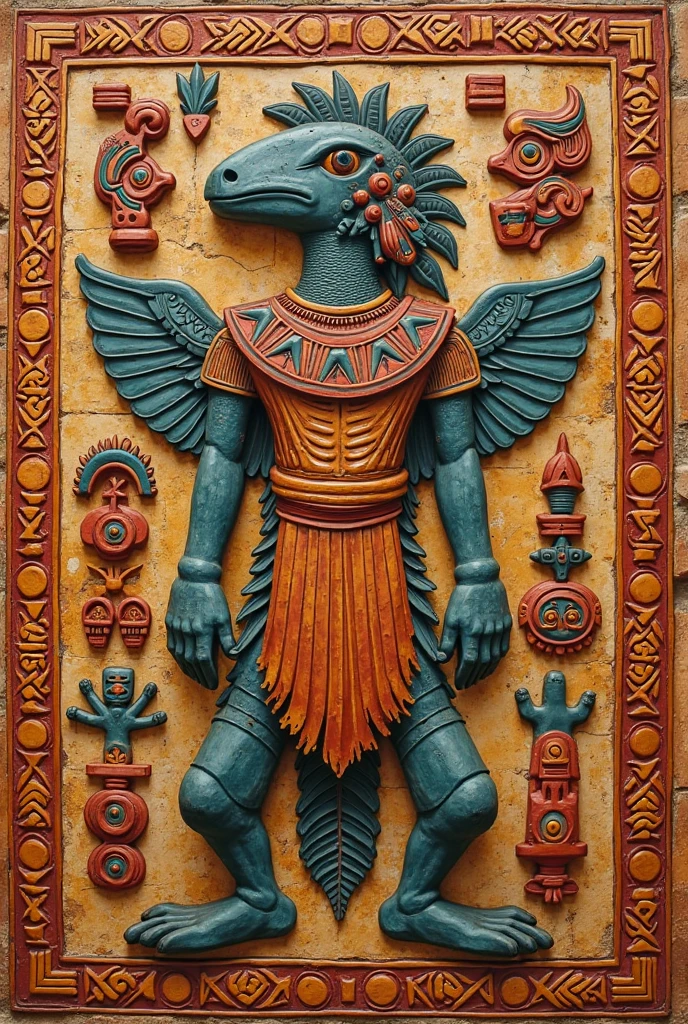 in style of Aztec Empire period ,A minimalist ring design of Kokopelli, the rain god playing the flute, holding an oval double opal stone，Indian elements，geometry，The matching stones are small amounts of lapis lazuli and turquoise，Orange，Clams，feather，gem，Retro，Old，Soft Light