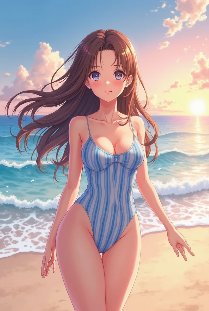 Anime girl, waved hair, in a swimsuit, on the beach,  evening, anime style