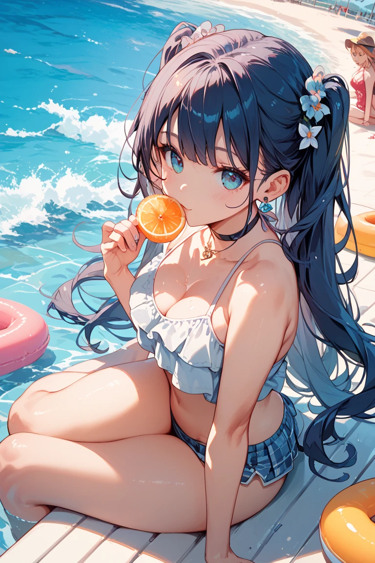 absurdres, highres, masterpiece, best quality,
izumiimas, ponytail, medium breasts, skinny, blue bikini, floral print, on float ring, from back, looking at viewer, brown eyes,
<lora:IzumiOhishi:0.8>