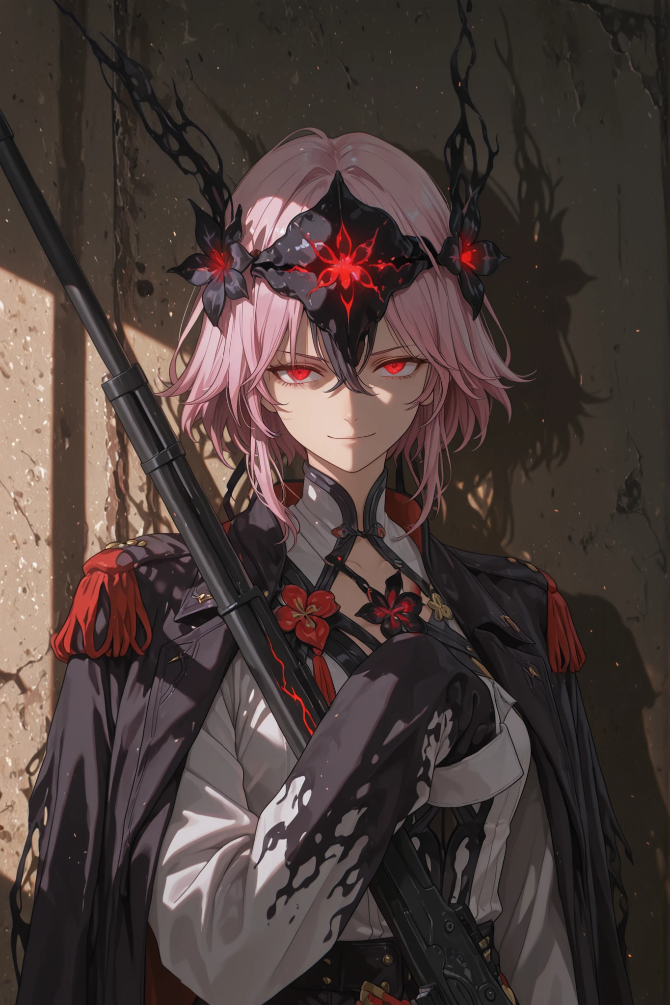 (black mist head:1.44), glowing eyes, holding rifle,FreischutzPM, , (looking at viewer, portrait shot:1.22), (medium shot, three quarter shot:1.3), (1girl:0.95), solo, masterpiece, best quality, amazing quality, very aesthetic, high resolution, ultra-detailed, (soft shading, soft shadows, volumetric light:1.14), coat on shoulders, sleeves past fingers, epaulettes, march 7th, pink hair, black flower, red eyes, vicious expression, camellya, Wuthering Waves, Dark street, top lighting, smirk, tired eyes,
