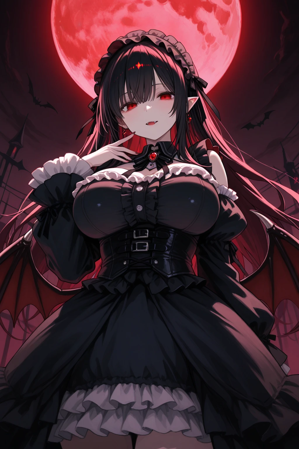 1个Giant Breast Girl, black halloween dress, perverted grin, Glowing background in dark theme, closeup portrait, Permanent, The upper part of the body, Multicolor gradient beautiful hair,detail-rich, queenly attitude, anime coloring, MIDJOURNEY, rainbow art, nightcore