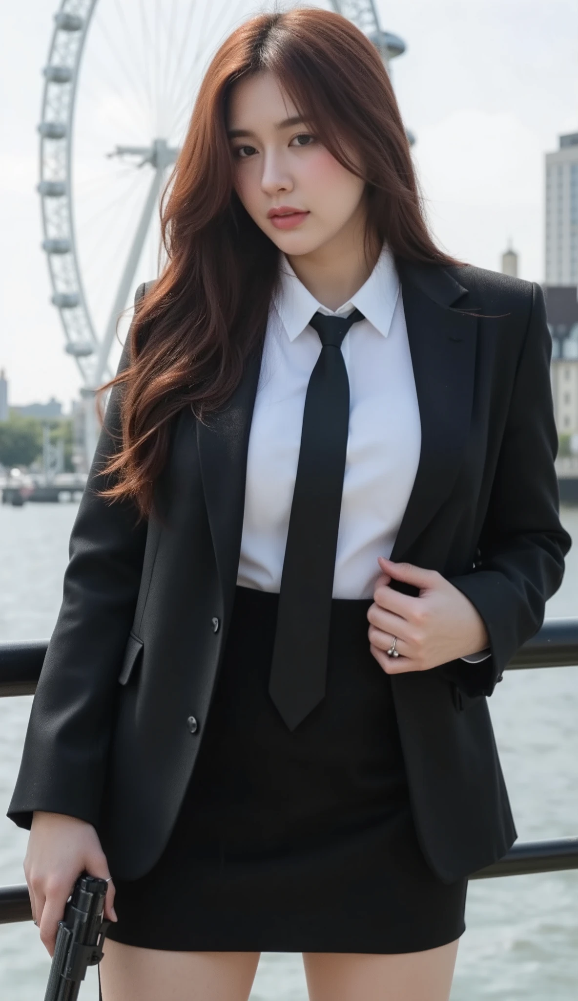 A portrait image shows a young, beautiful Korean-Thai secret agent holding a gun, like James Bond, on the embankment of the Thames, with the iconic London skyline behind her, in a vivid style.
She has a long, fluffy haircut, showing off her narrow forehead. She has a voluptuous figure. She is chubby-sexy. She has a cherry-red hair colour. She wears a tight black wool suit, a white shirt, a slim black necktie, and a short black skirt. She holds the black gun beside her body, pointing it down to the ground.
The backdrop is the London Eye. The vibe is in a clear and bright sky.