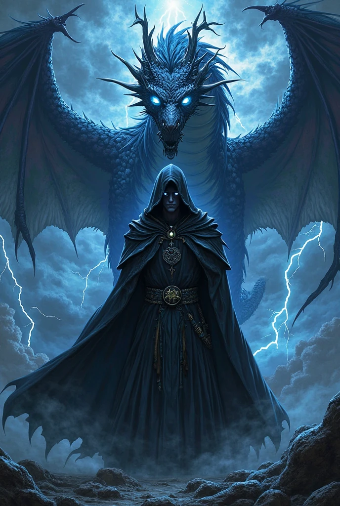 Create a dark wizard from Yu-Gi-Oh based on the white-eyed dragon with blue eyes