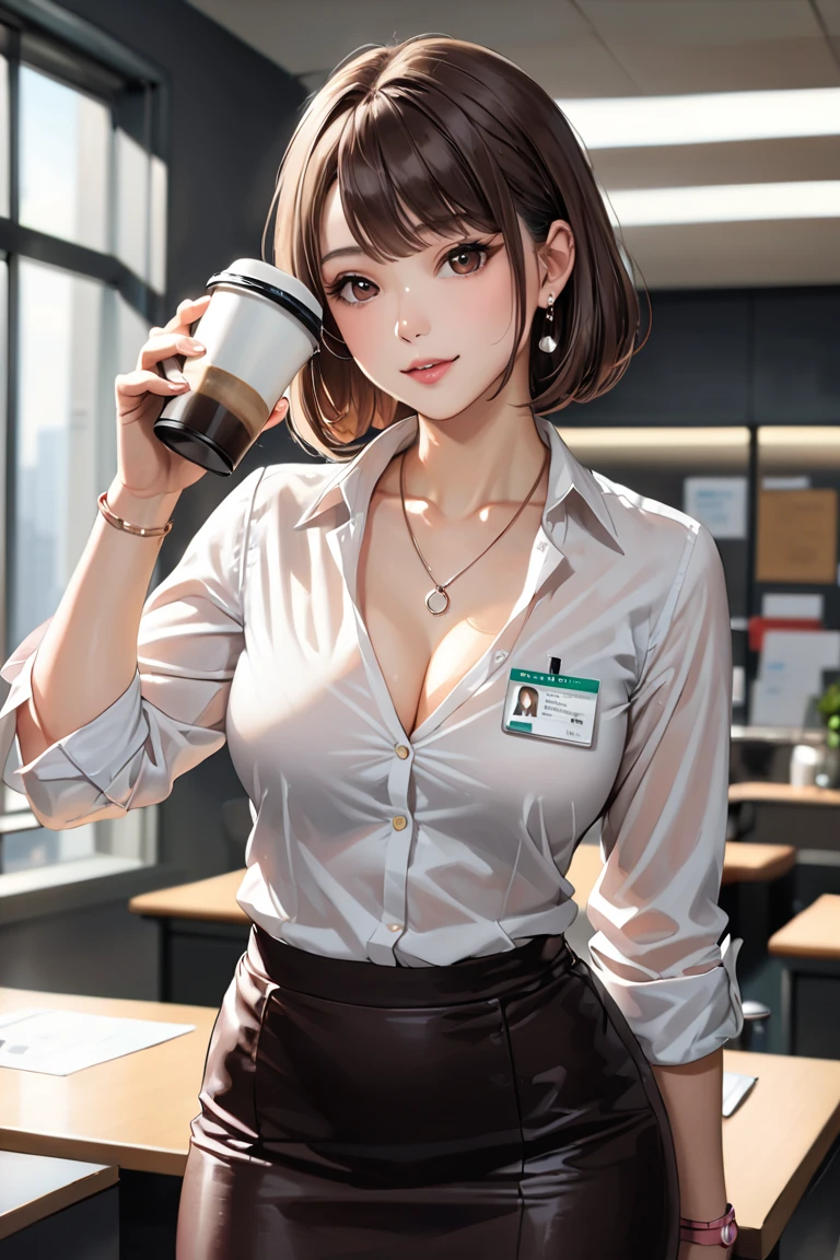 1lady sitting, holding a coffee cup, office worker outfit, /(id card lanyard/), mature female, /(black hair/) bangs, (masterpiece best quality:1.2) delicate illustration ultra-detailed, large breasts BREAK /(modern office indoors/), window skyscraper