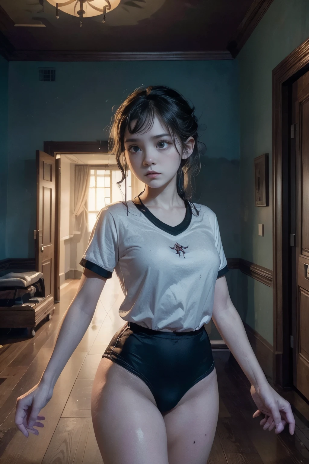 (masterpiece, highest quality),  (night's ghost mansion), One Girl, young teen, Black gymnastics bloomers, High leg、white blouse, walking in night ghost house、Anxious expression, Emotional, Wide-angle, dark, Best Shadow, watercolor,ghost、devil、Death Strikes、Fate of Death,Dark corridor、 cowboy shot