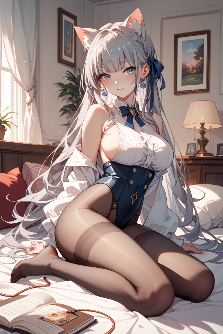 Anime girl lying on bed with long gray hair and white stockings, white-haired god, azur lane style, Perfect white haired girl, A scene from the《azur lane》videogame, trending on artstation pixiv, Guweiz in Pixiv ArtStation, seductive anime girls, Guweiz on ArtStation Pixiv, from girls frontline, white haired Cangcang，16K